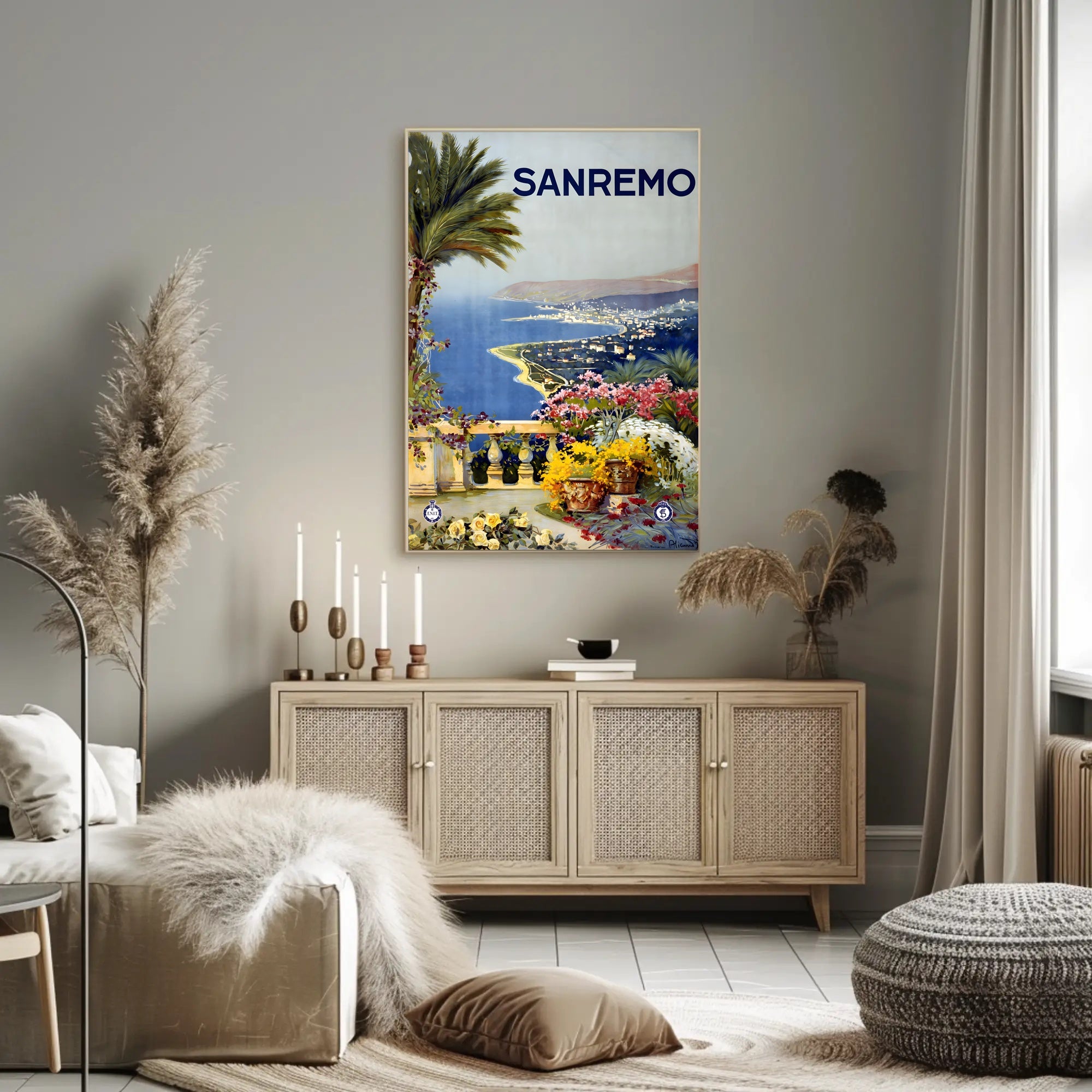 Sanremo Vintage Travel Poster: Elegant Coastal Terrace Scene PosterGoat