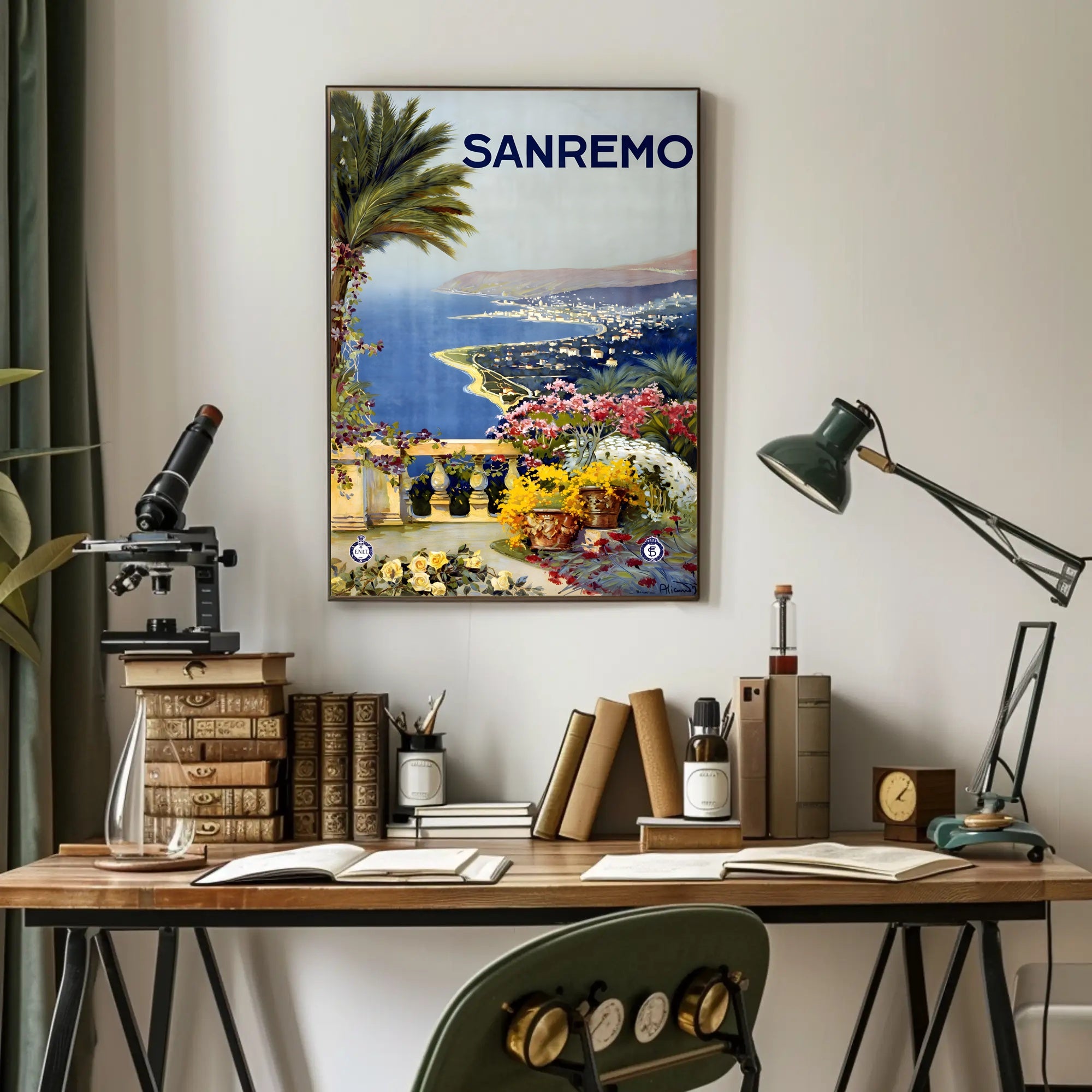 Sanremo Vintage Travel Poster: Elegant Coastal Terrace Scene PosterGoat