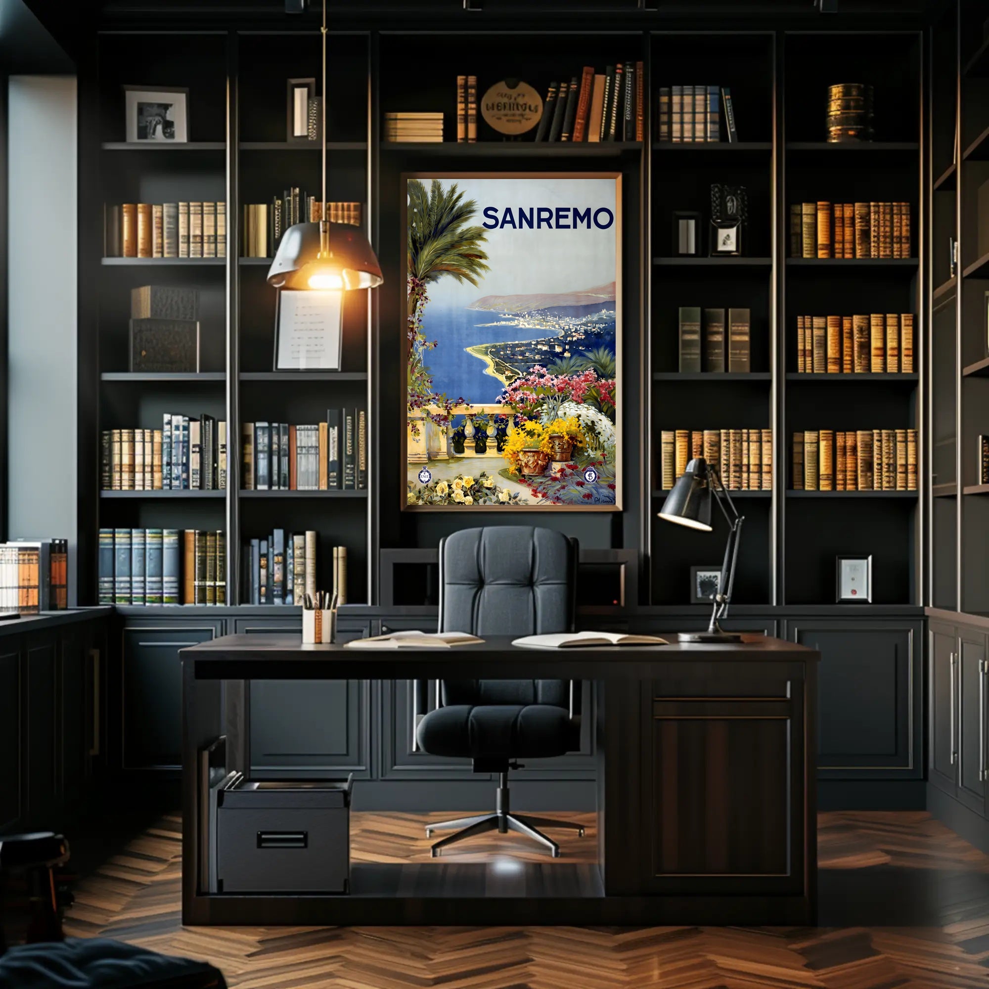 Sanremo Vintage Travel Poster: Elegant Coastal Terrace Scene PosterGoat