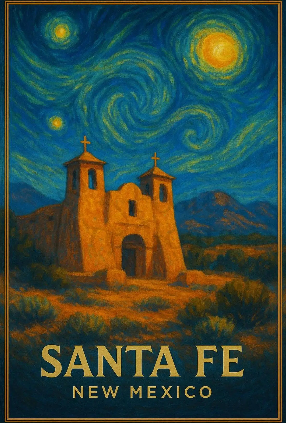 Santa Fe Church Night Sky Heritage Poster PosterGoat