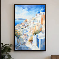 Santorini Coastal Town Watercolor: Tranquil Travel Poster PosterGoat