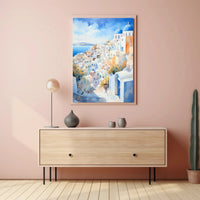 Santorini Coastal Town Watercolor: Tranquil Travel Poster PosterGoat