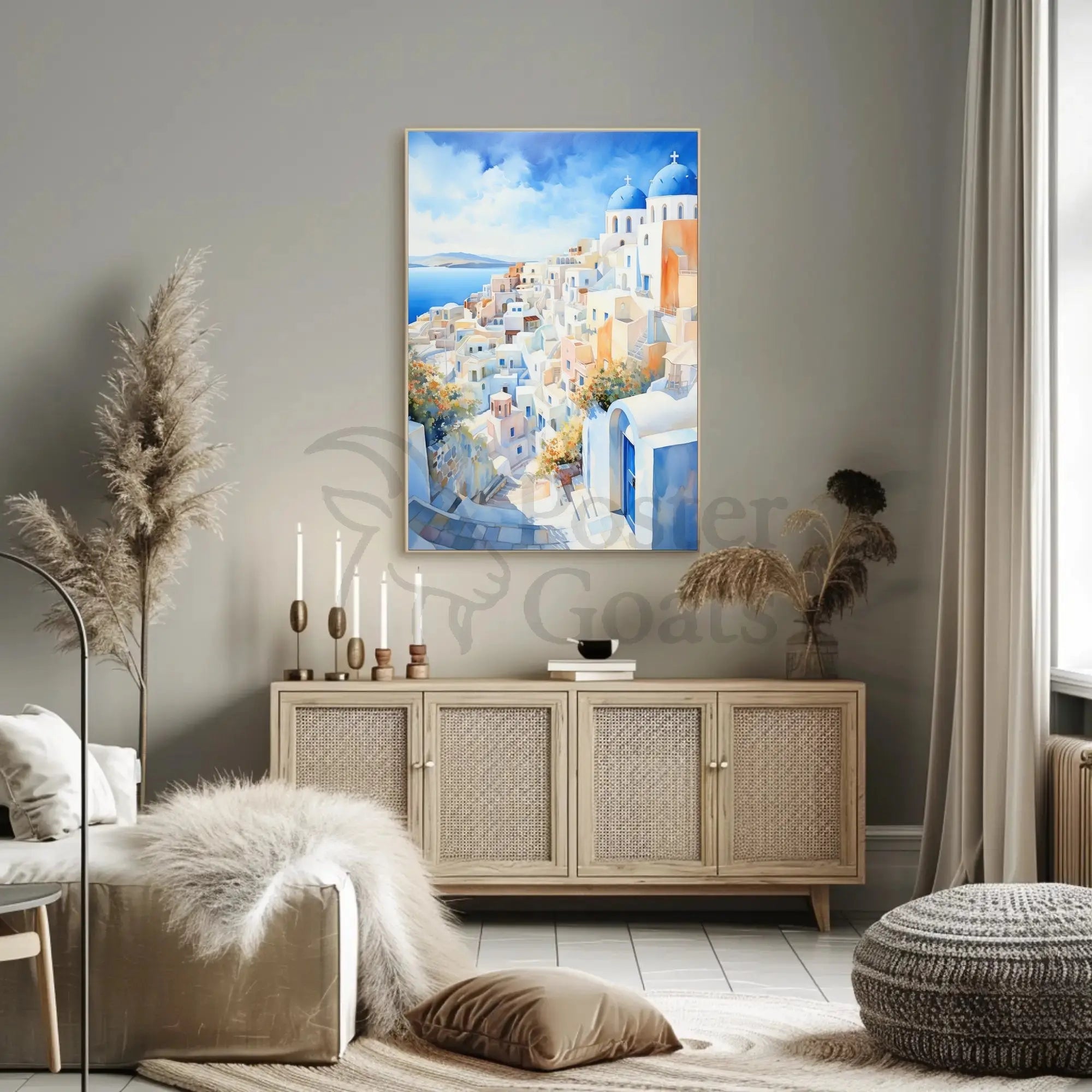Santorini Coastal Town Watercolor: Tranquil Travel Poster PosterGoat