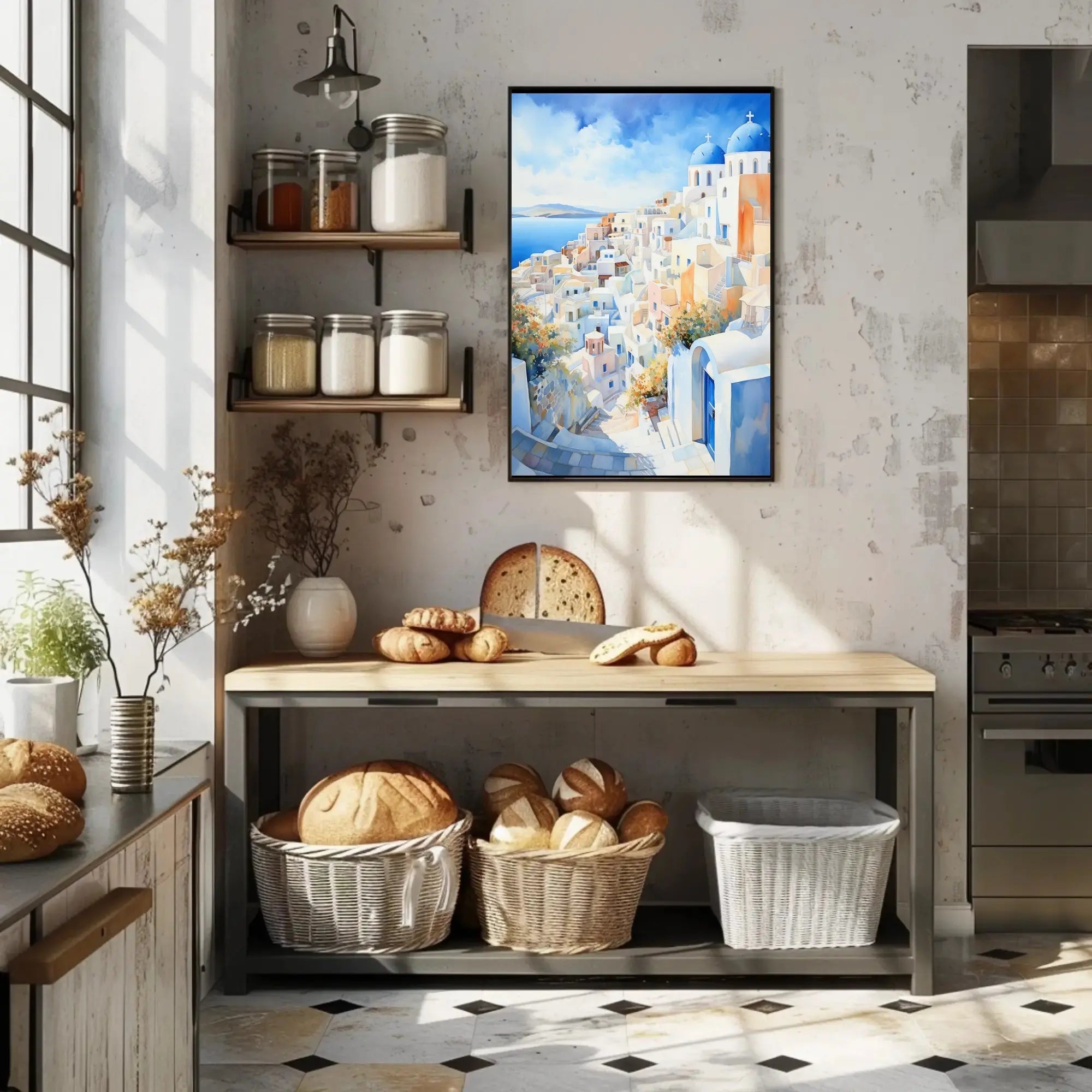 Santorini Coastal Town Watercolor: Tranquil Travel Poster PosterGoat