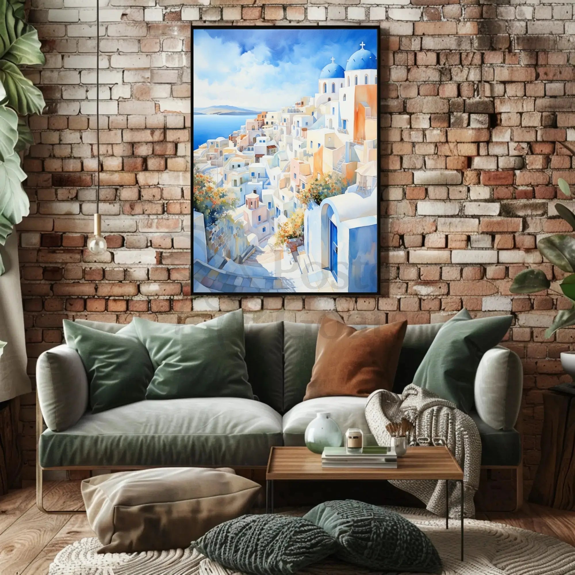 Santorini Coastal Town Watercolor: Tranquil Travel Poster PosterGoat