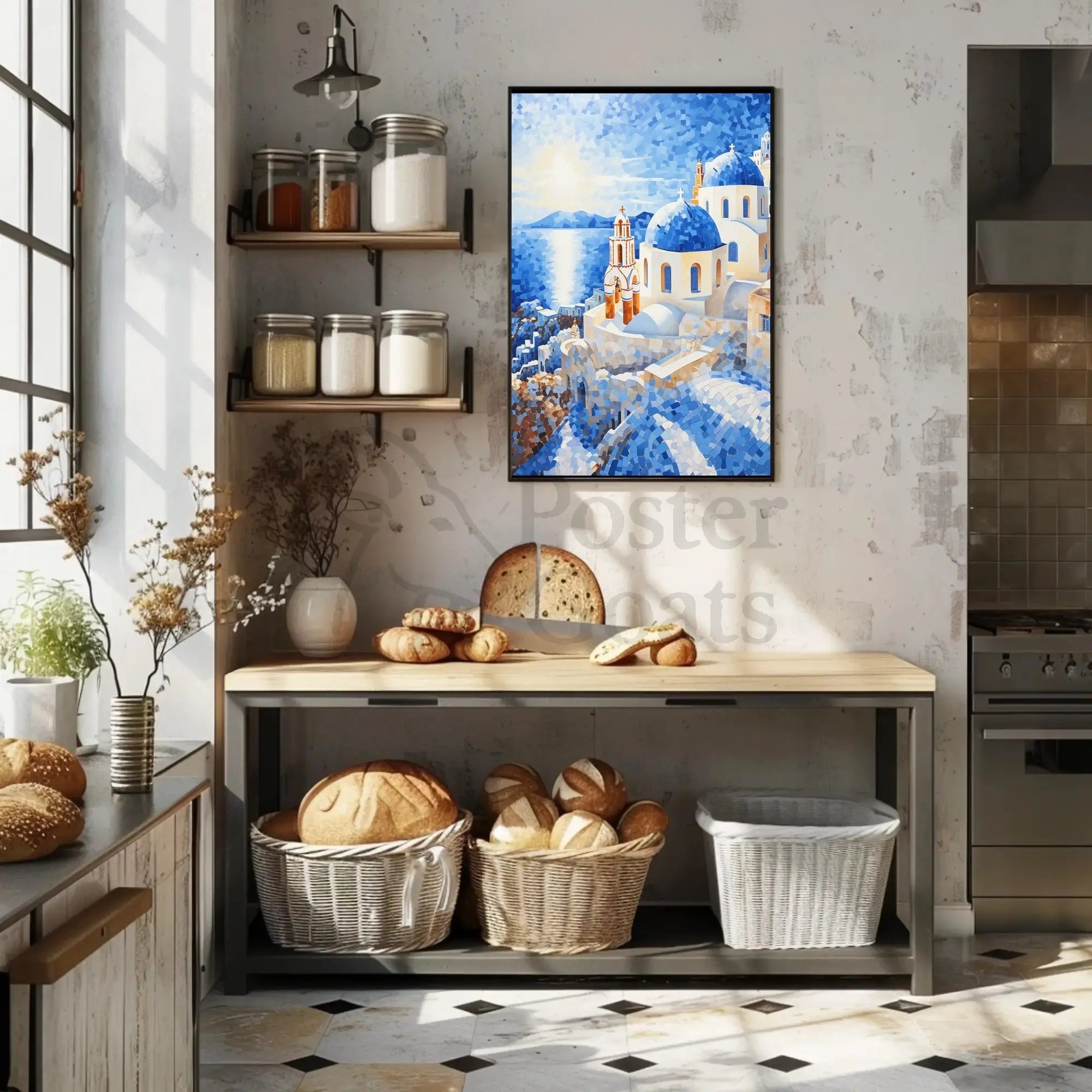 Santorini Mosaic Sunset Travel Poster PosterGoat