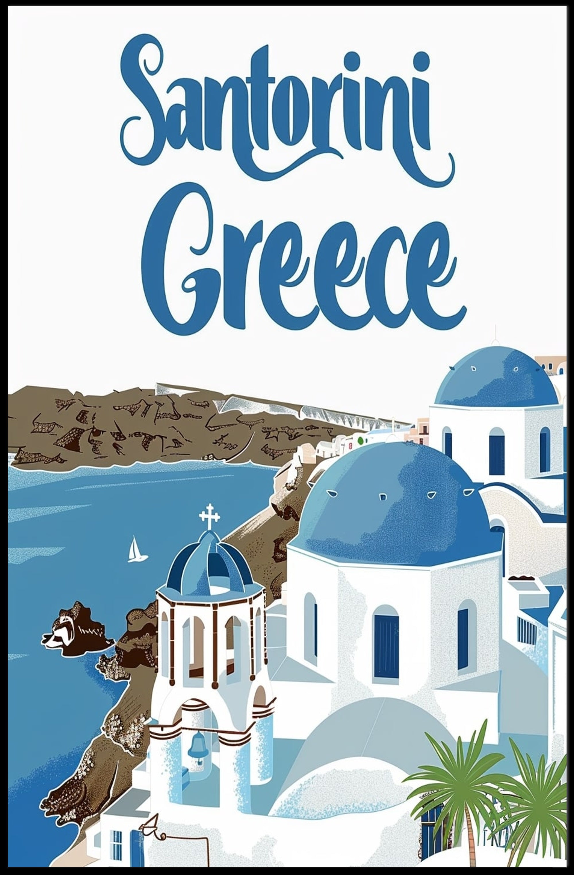 Santorini Travel Art: Blue Domes and Sea Poster - Travel Poster PosterGoat
