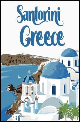 Santorini Travel Art: Blue Domes and Sea Poster - Travel Poster PosterGoat