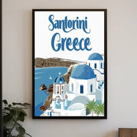 Santorini Travel Art: Blue Domes and Sea Poster - Travel Poster PosterGoat