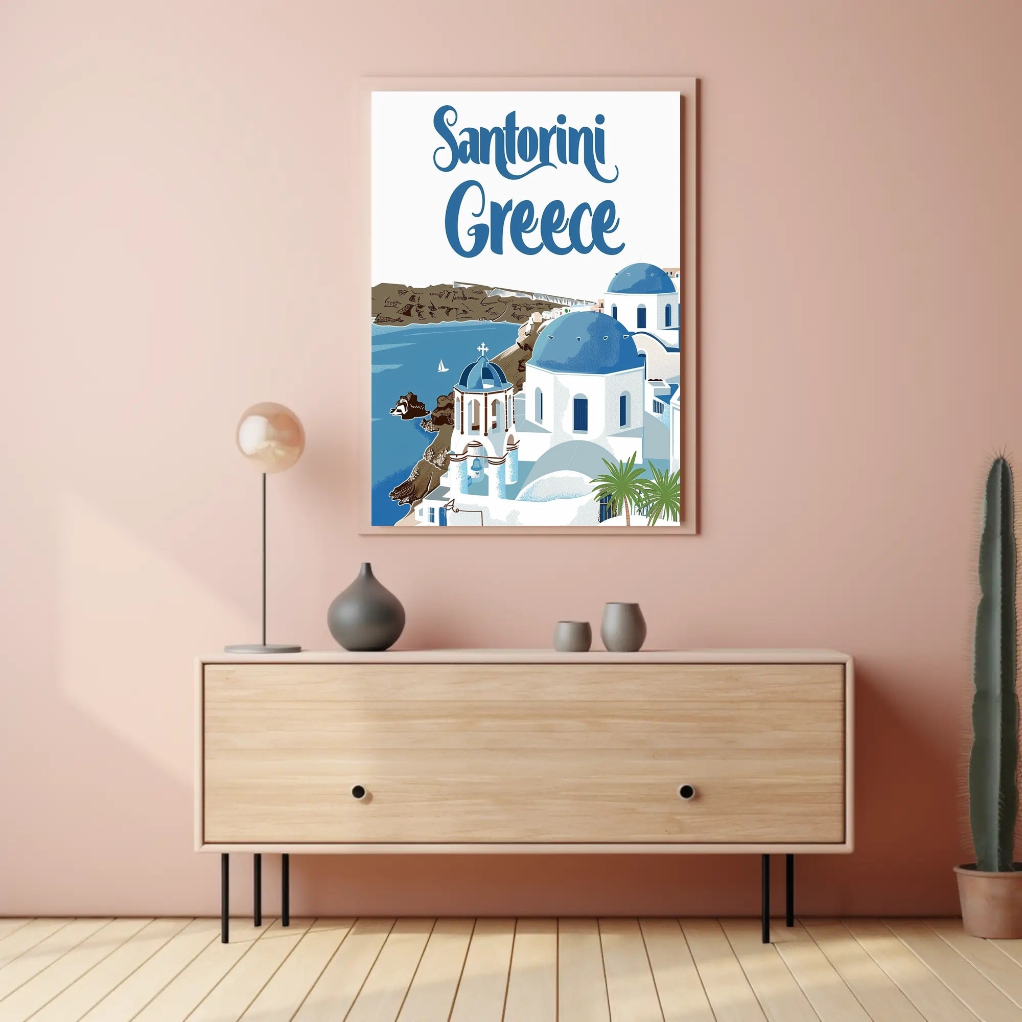 Santorini Travel Art: Blue Domes and Sea Poster - Travel Poster PosterGoat