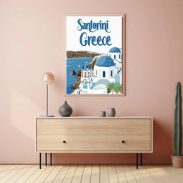 Santorini Travel Art: Blue Domes and Sea Poster - Travel Poster PosterGoat