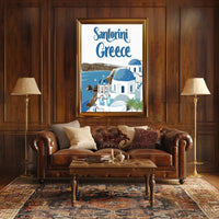 Santorini Travel Art: Blue Domes and Sea Poster - Travel Poster PosterGoat