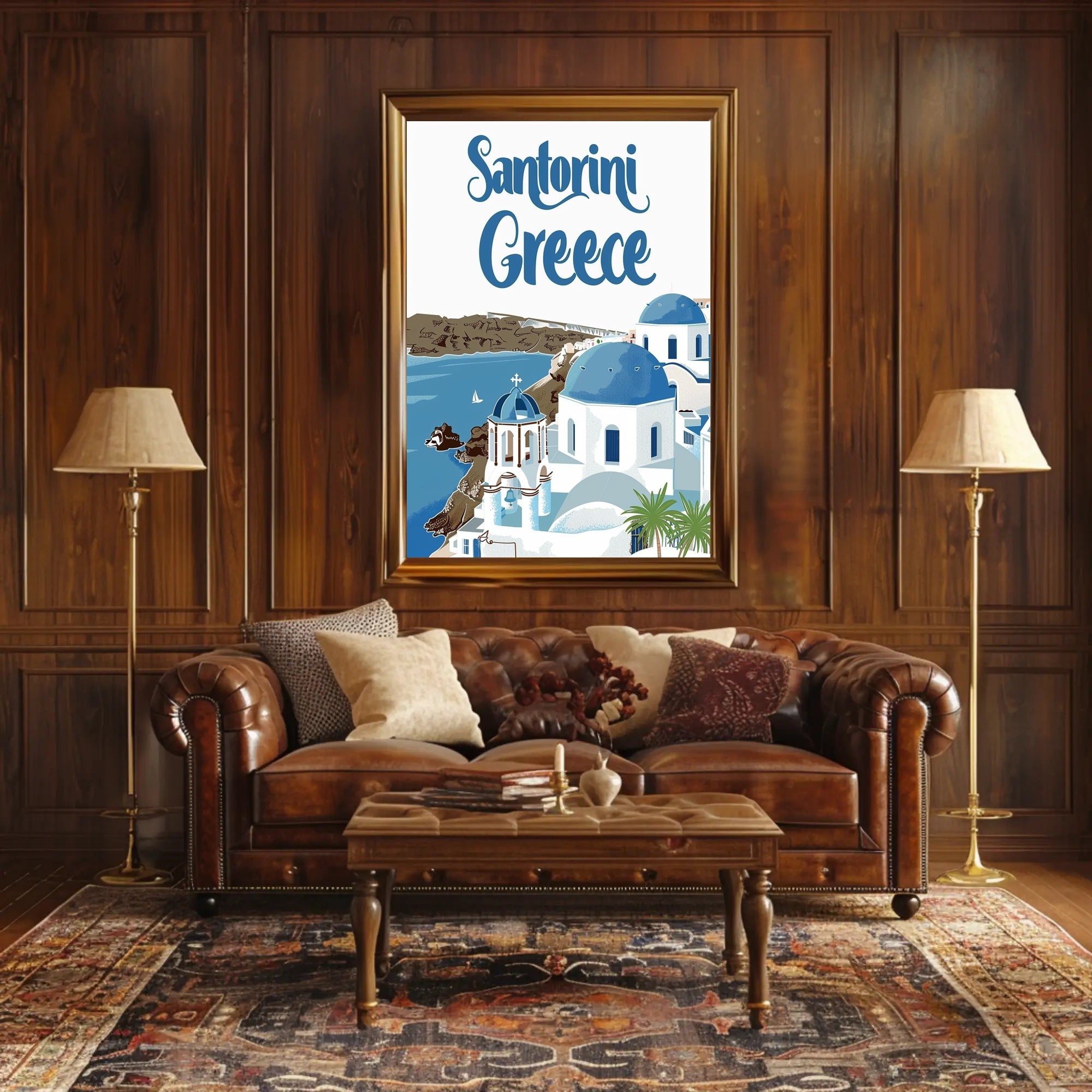Santorini Travel Art: Blue Domes and Sea Poster - Travel Poster PosterGoat