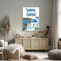 Santorini Travel Art: Blue Domes and Sea Poster - Travel Poster PosterGoat