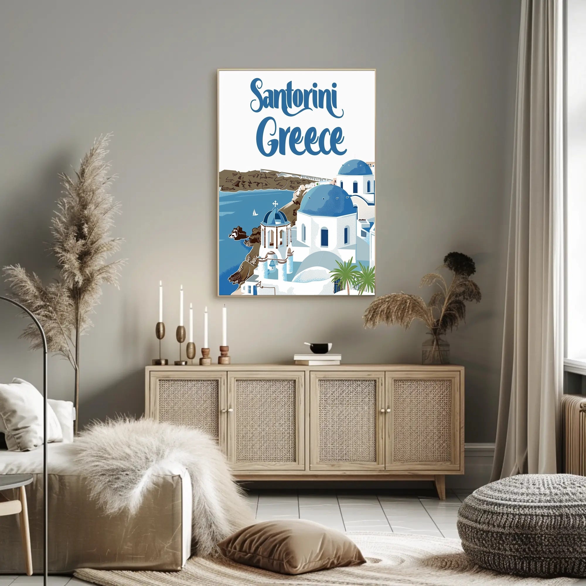 Santorini Travel Art: Blue Domes and Sea Poster - Travel Poster PosterGoat