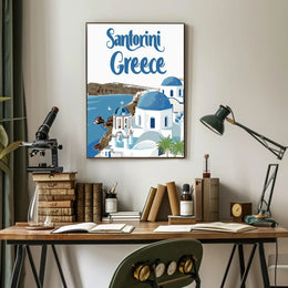 Santorini Travel Art: Blue Domes and Sea Poster - Travel Poster PosterGoat