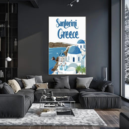 Santorini Travel Art: Blue Domes and Sea Poster - Travel Poster PosterGoat