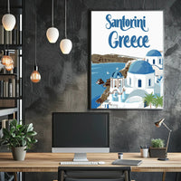 Santorini Travel Art: Blue Domes and Sea Poster - Travel Poster PosterGoat