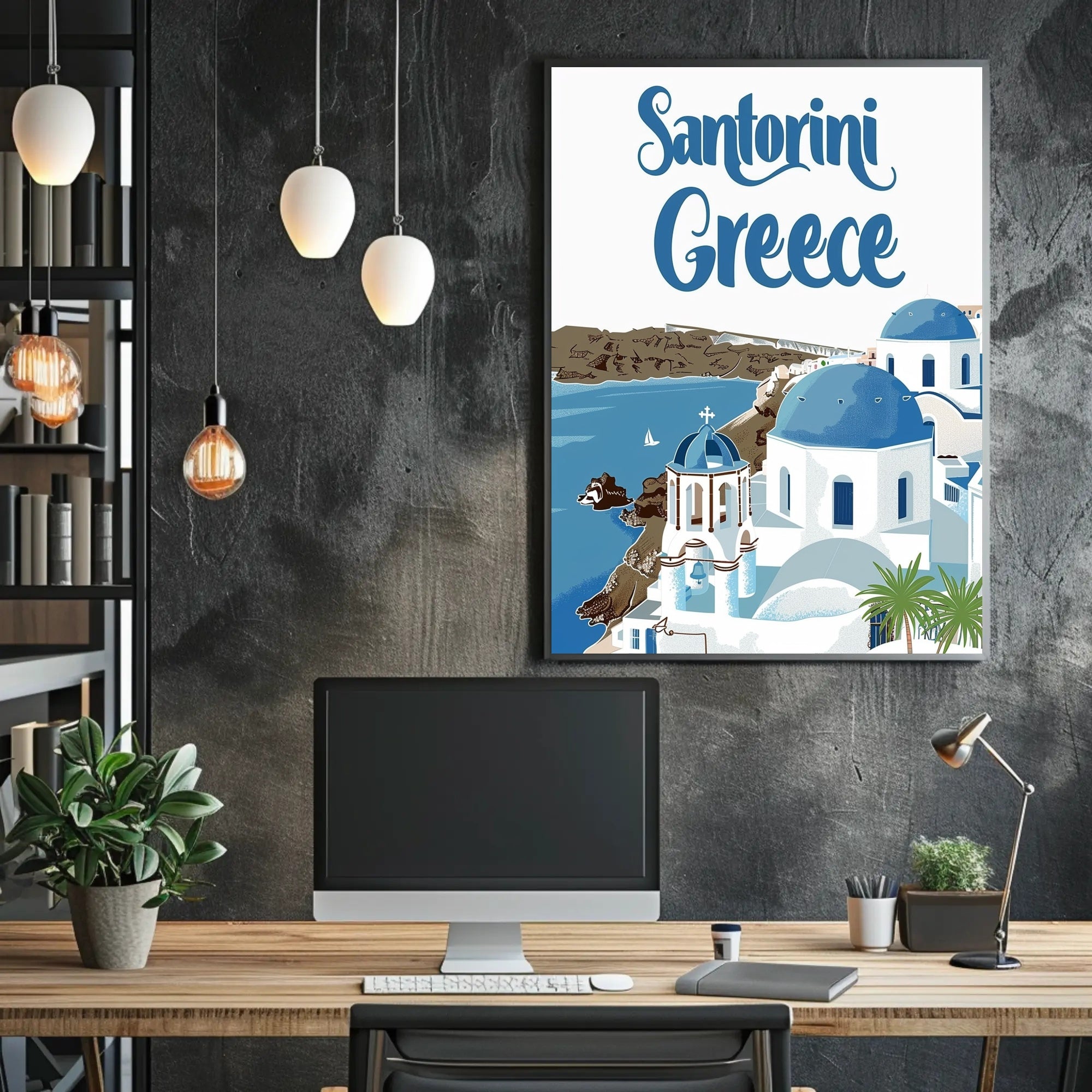 Santorini Travel Art: Blue Domes and Sea Poster - Travel Poster PosterGoat