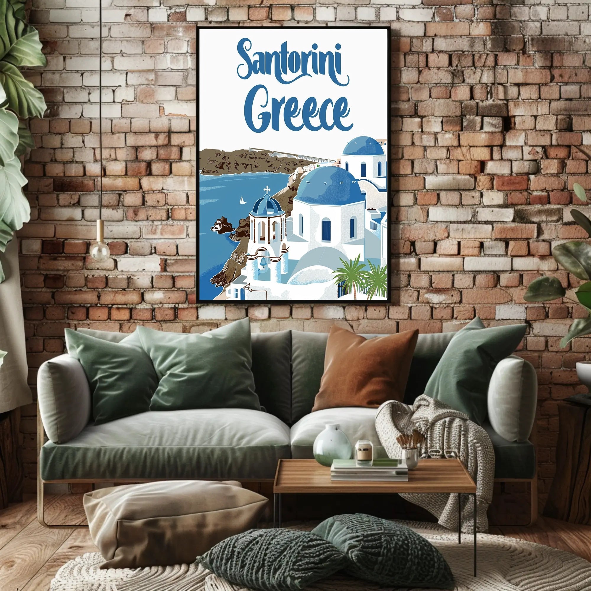 Santorini Travel Art: Blue Domes and Sea Poster - Travel Poster PosterGoat