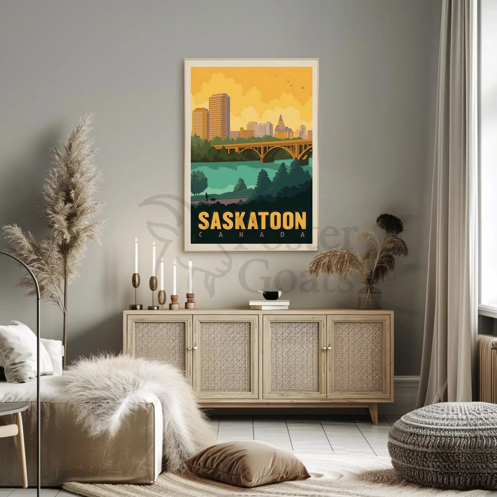Saskatoon Skyline Nostalgic Travel Art Poster PosterGoat