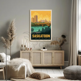 Saskatoon Skyline Nostalgic Travel Art Poster PosterGoat
