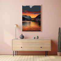 Scandinavian Village Serenity at Sunset Travel Poster PosterGoat