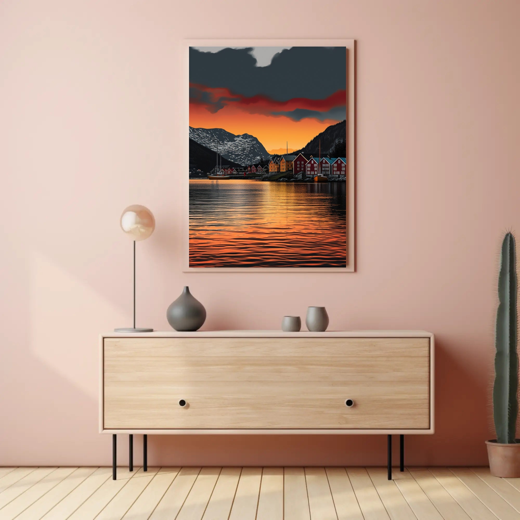 Scandinavian Village Serenity at Sunset Travel Poster PosterGoat