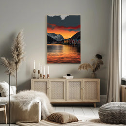 Scandinavian Village Serenity at Sunset Travel Poster PosterGoat