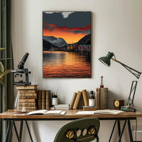 Scandinavian Village Serenity at Sunset Travel Poster PosterGoat