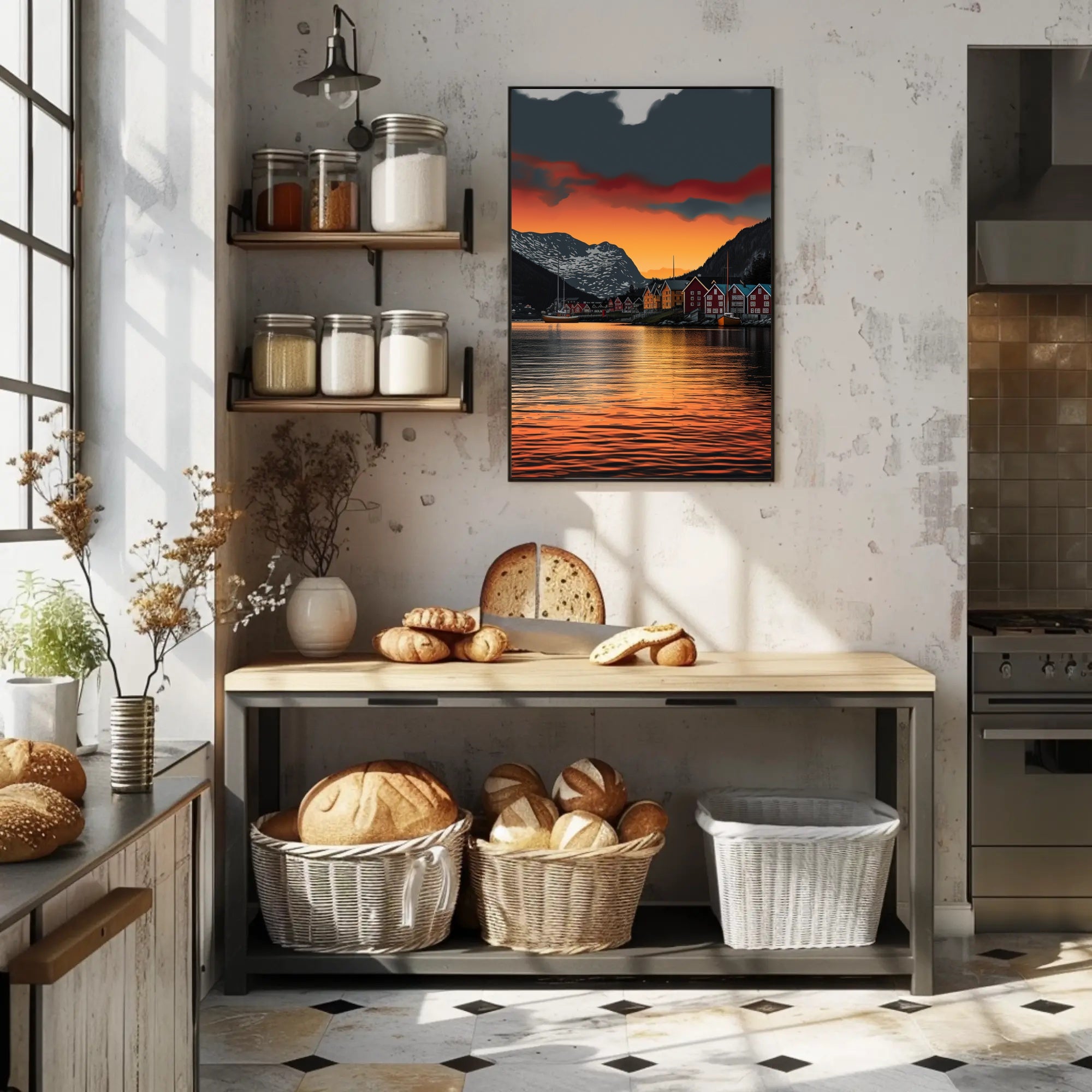 Scandinavian Village Serenity at Sunset Travel Poster PosterGoat