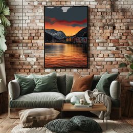 Scandinavian Village Serenity at Sunset Travel Poster PosterGoat