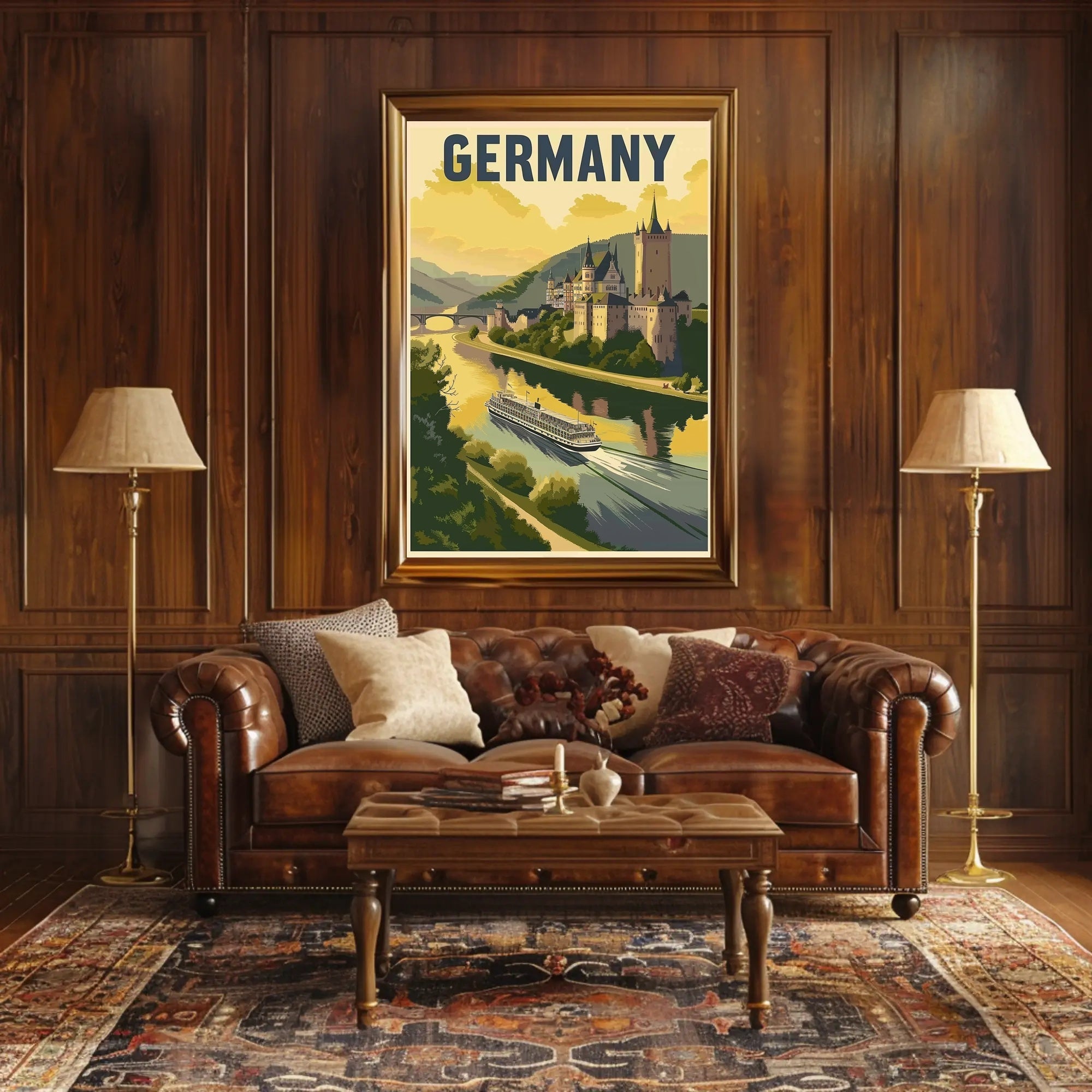 Scenic German Castle River View Vintage Travel Poster PosterGoat