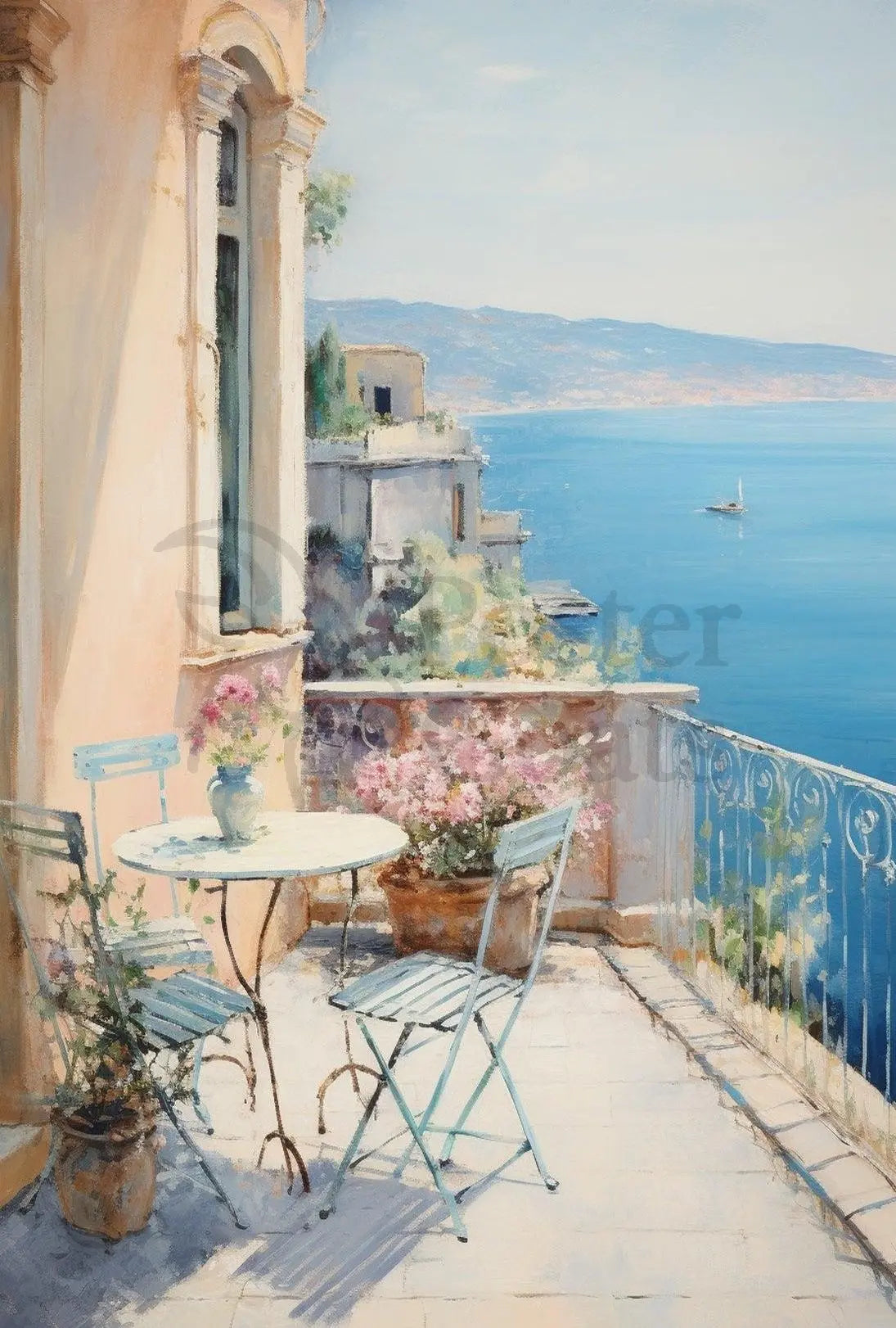 Scenic Mediterranean Balcony Art Print: Abstract, Artistic, or Pop Culture Poster PosterGoat
