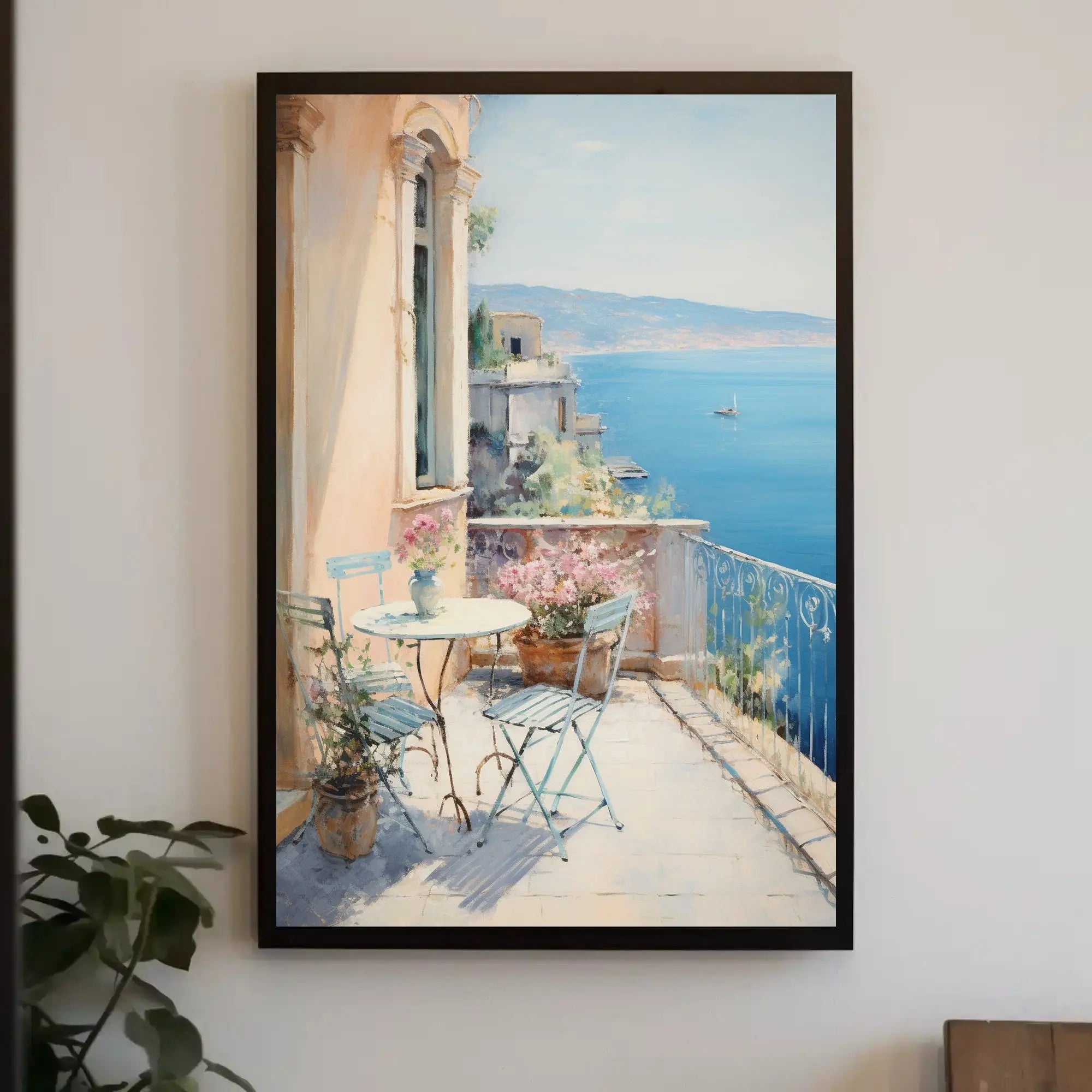 Scenic Mediterranean Balcony Art Print: Abstract, Artistic, or Pop Culture Poster PosterGoat
