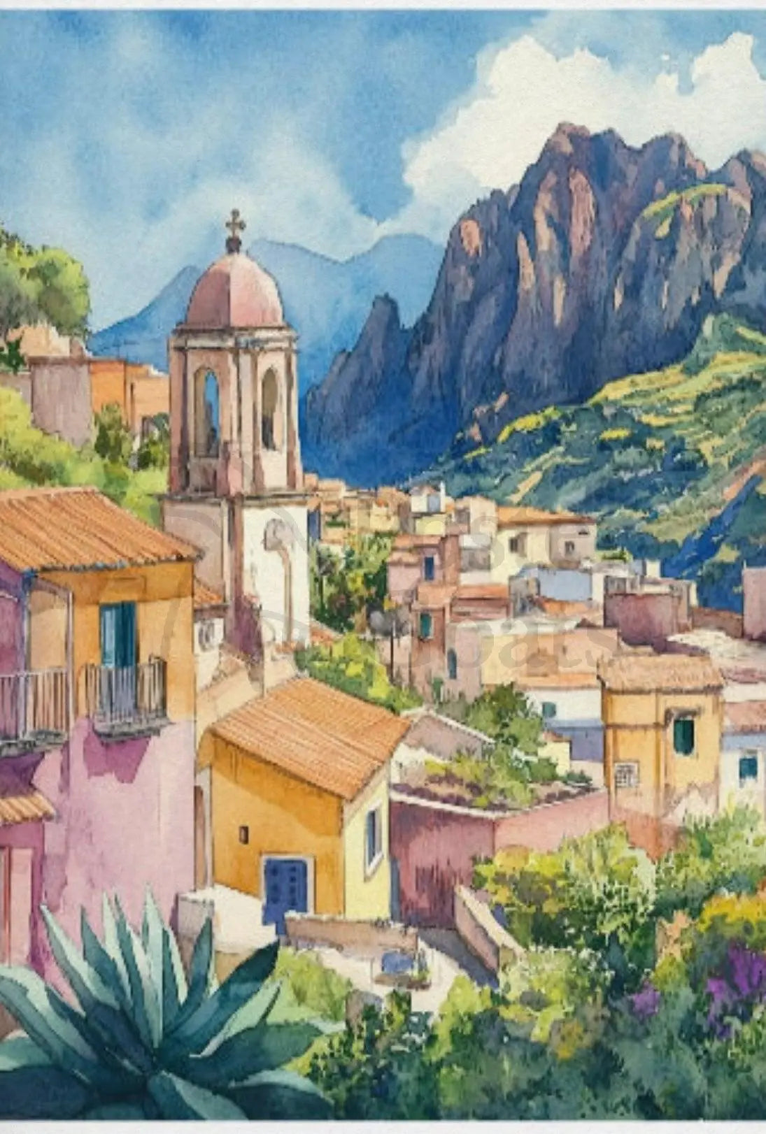Scenic Mediterranean Village Tranquil Watercolor Travel Poster PosterGoat