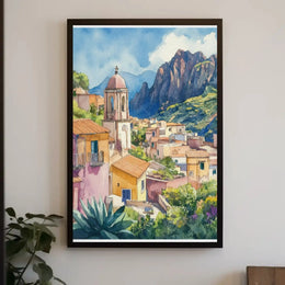 Scenic Mediterranean Village Tranquil Watercolor Travel Poster PosterGoat