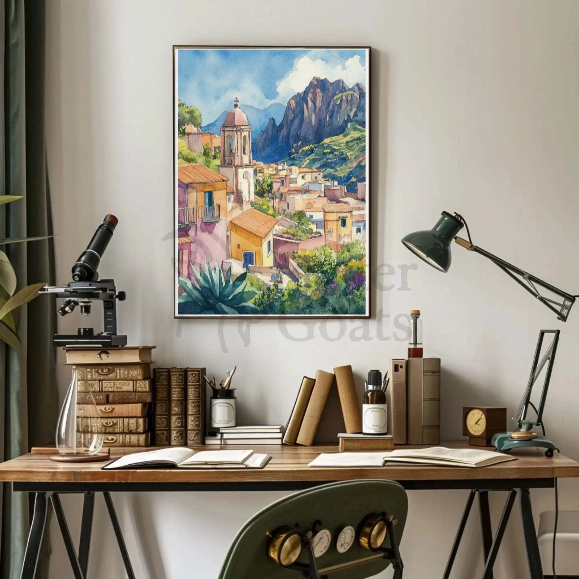 Scenic Mediterranean Village Tranquil Watercolor Travel Poster PosterGoat