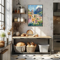 Scenic Mediterranean Village Tranquil Watercolor Travel Poster PosterGoat