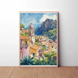 Scenic Mediterranean Village Tranquil Watercolor Travel Poster PosterGoat