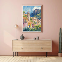 Scenic Mediterranean Village Tranquil Watercolor Travel Poster PosterGoat