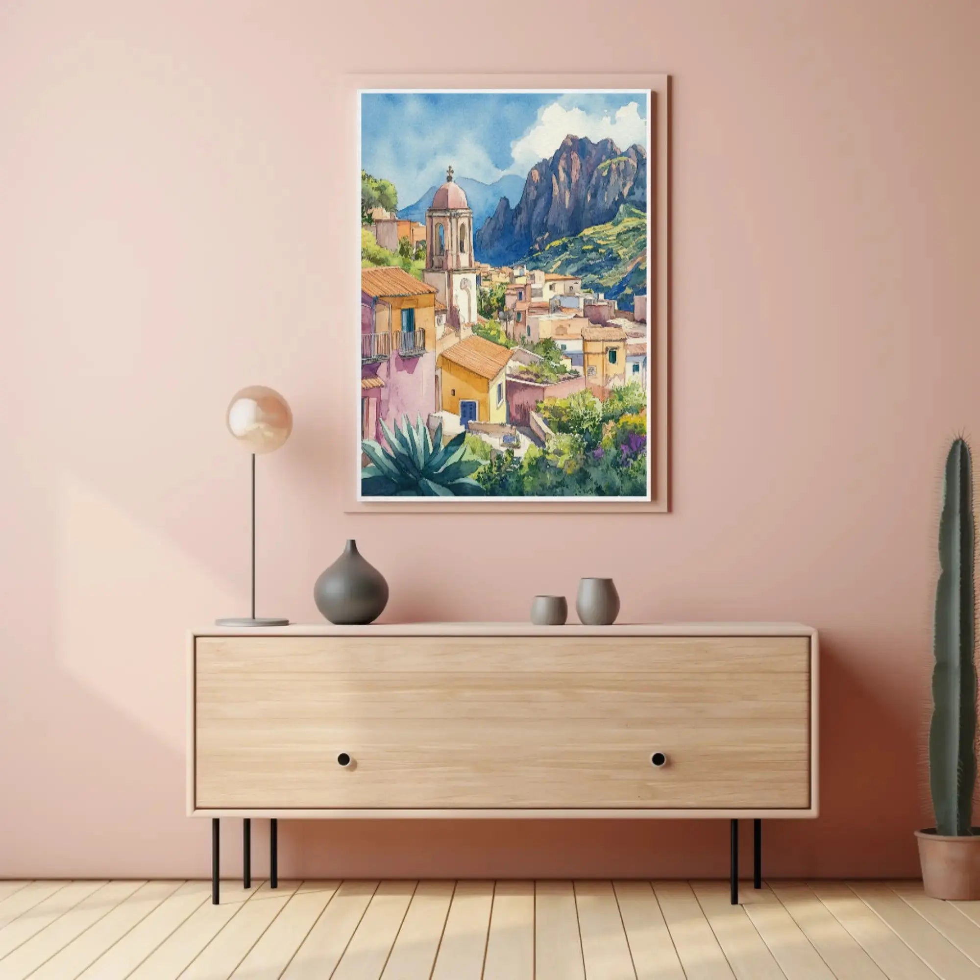 Scenic Mediterranean Village Tranquil Watercolor Travel Poster PosterGoat