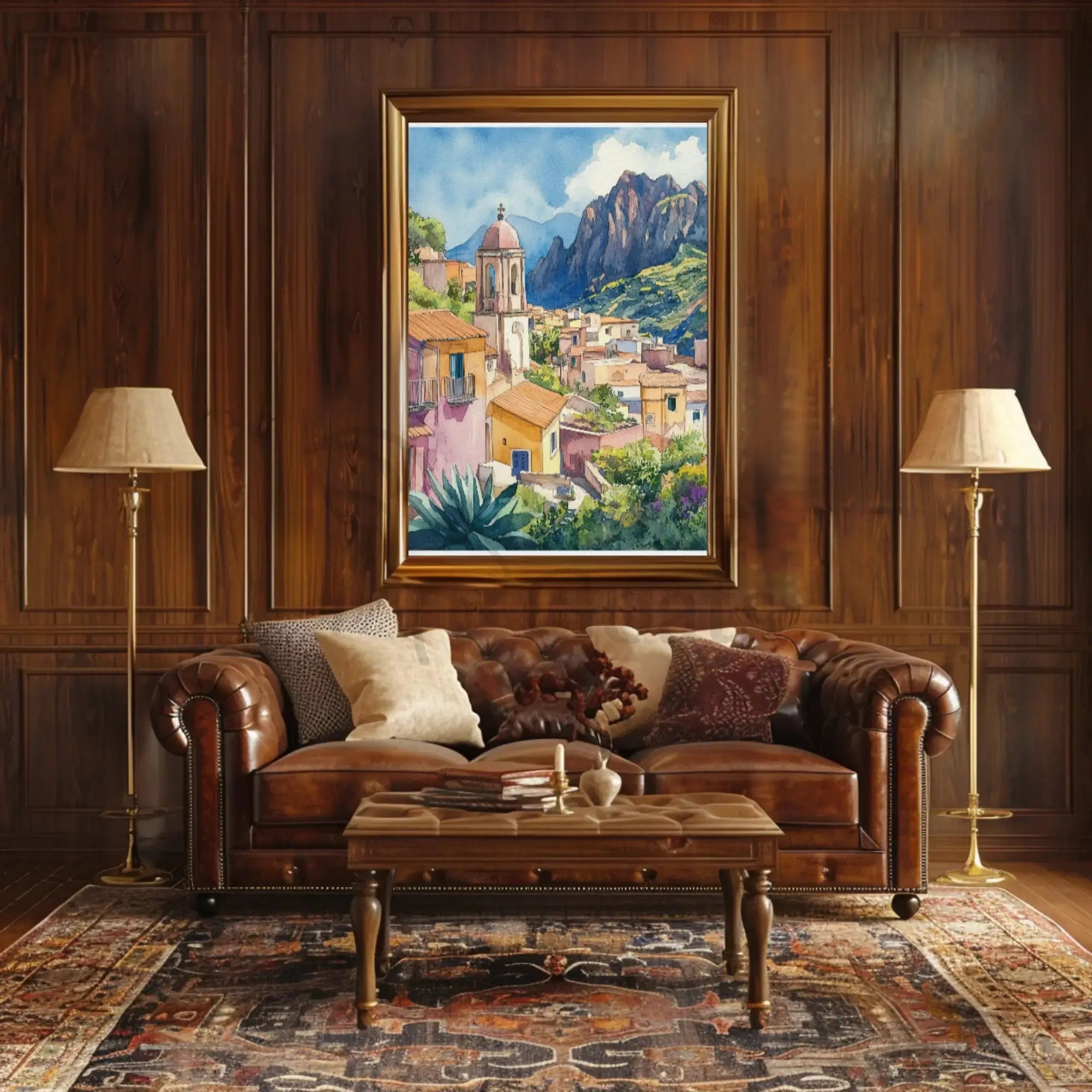 Scenic Mediterranean Village Tranquil Watercolor Travel Poster PosterGoat