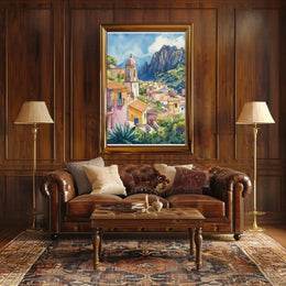 Scenic Mediterranean Village Tranquil Watercolor Travel Poster PosterGoat