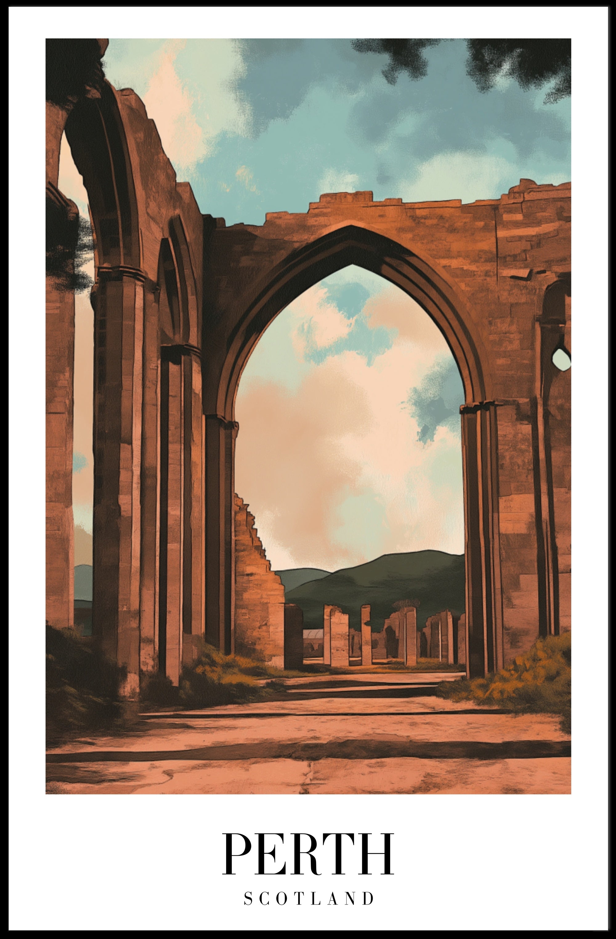 Scenic Perth Abbey Ruins in Golden Light Travel Poster PosterGoat