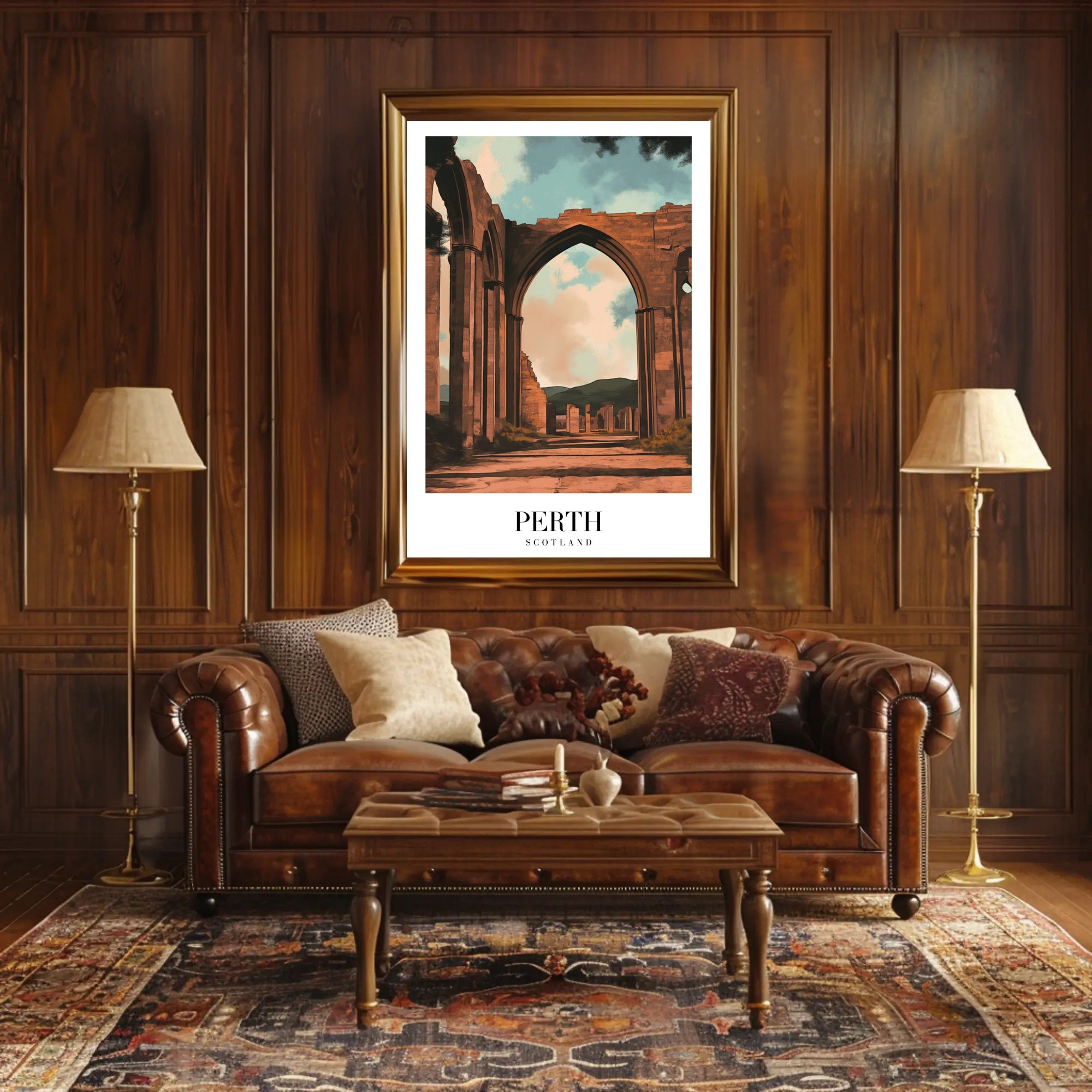Scenic Perth Abbey Ruins in Golden Light Travel Poster PosterGoat