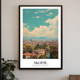 Scenic Skopje Cityscape with River and Mountains Urban Poster PosterGoat