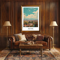Scenic Skopje Cityscape with River and Mountains Urban Poster PosterGoat