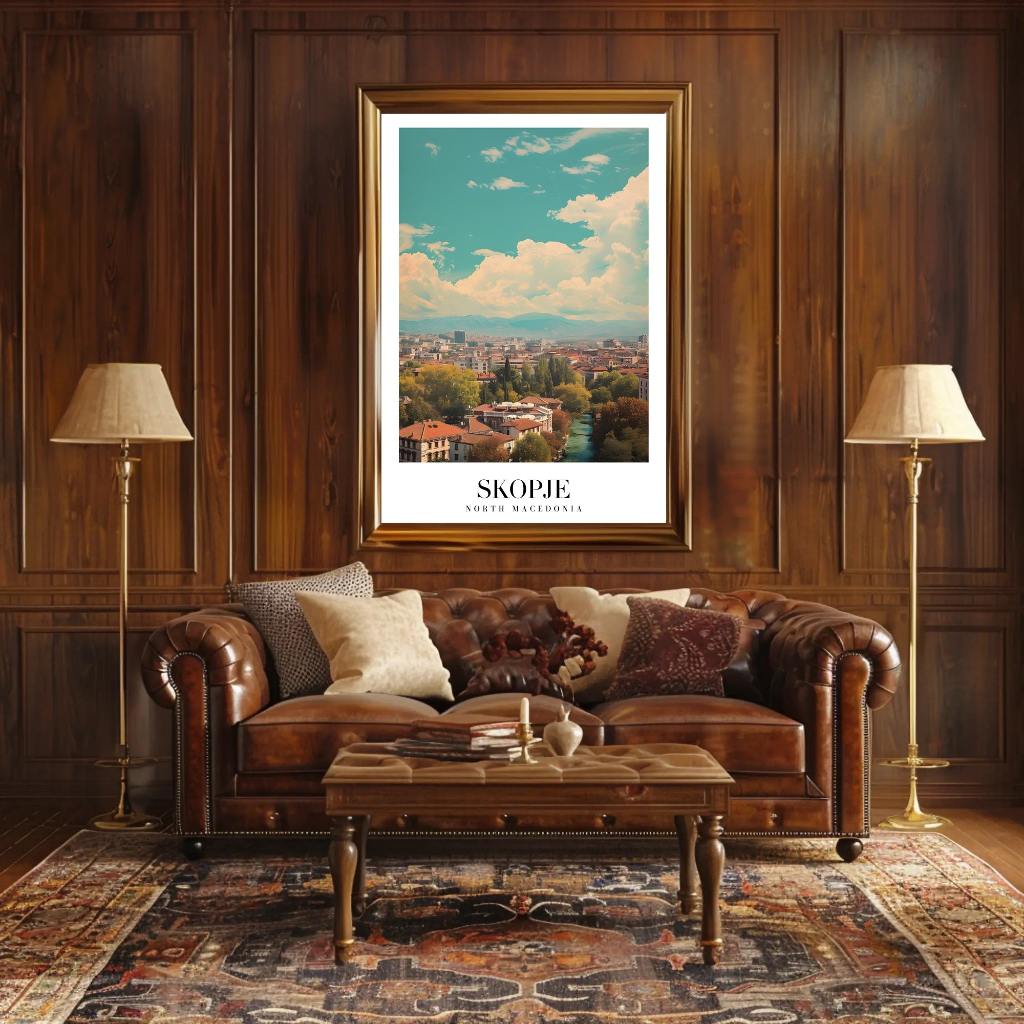 Scenic Skopje Cityscape with River and Mountains Urban Poster PosterGoat