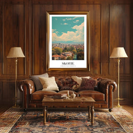 Scenic Skopje Cityscape with River and Mountains Urban Poster PosterGoat